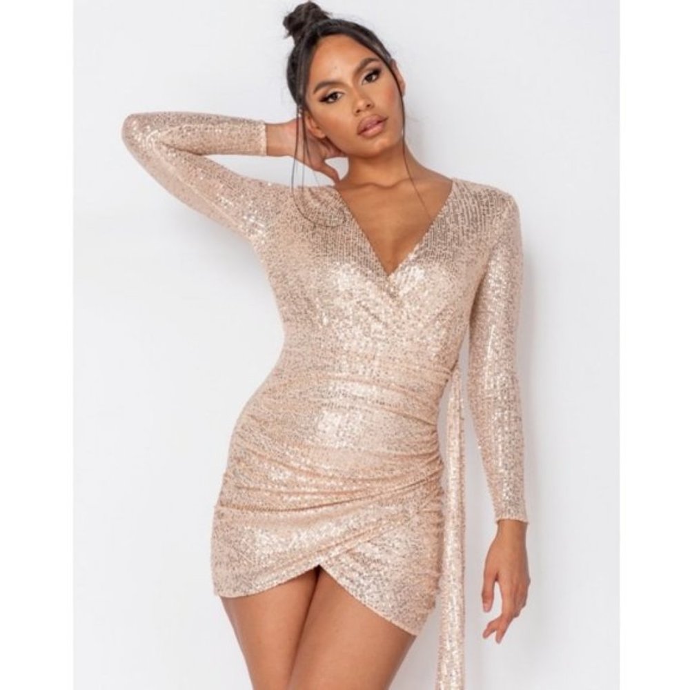 Sequins Long Sleeve V-Neck Bodycon Mini Wrap Dress
